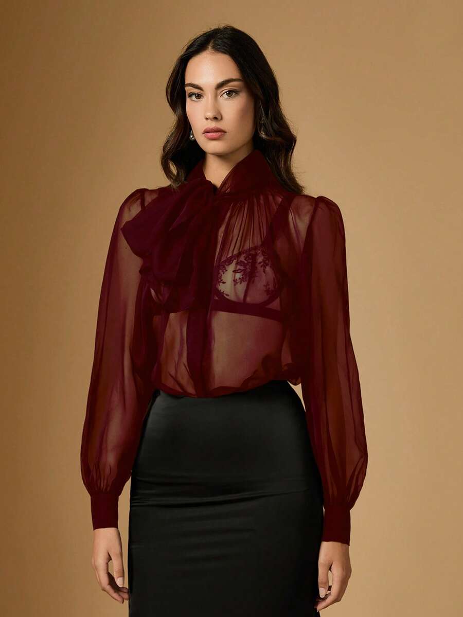Women's Elegant Sexy Sheer Mesh Tie Neck Blouse - Red - View 1