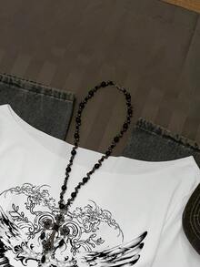 SHEIN EZwear 休闲复古朋克 Y2K 百搭派对机场风，翅膀交叉花卉做旧印花图案，新款春夏宽松不对称肩部卷边印花长袖性感露肩套头T恤，女士图案上衣嘉年华 - 彩色 - 查看 5