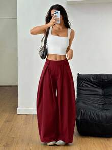 SHEIN EZwear 复古休闲街头风宽松酒红色弧形裤脚大码长裤，秋冬款 - 酒紅色 - 查看 3