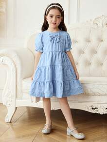 SHEIN Elladie kids Đầm chữ A tay phồng ngắn, eo tròn, màu xanh dương, chất liệu jacquard, dành cho bé gái, kiểu dáng thanh lịch. - Màu xanh lam - Xem 3