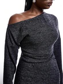 LYSMO 大码女式纯色不对称露肩褶皱长袖连衣裙，优雅服饰，新年礼服，精致派对礼服 - 深灰色 - 查看 6