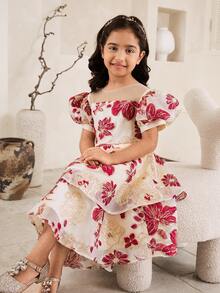 Glamorique Kids فستان أميرة فاخر ذو أكمام منتفخة وذيل مزخرف بالزهور للبنات