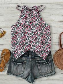 SHEIN LUNE Women's Casual Ditsy Floral Backless Bow Tie Camisole - Purple - View 2