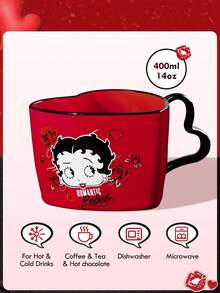 Betty Boop x SHEIN 400 Ml Cartoon Character Heart Floral Printed Ceramic Mug,,Gift Ideas,Party,Holiday,Valentine's Day - Burgundy - View 3