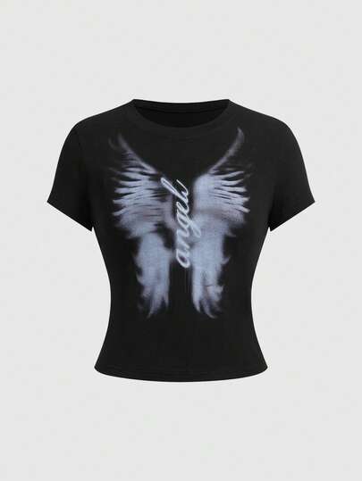 ROMWE Grunge Punk توب قصير مطبوع بفراشة وطباعة إنجليزية مناسب للنساء من طراز Y2K بانك