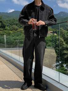 DAZY Black Washed Vintage Jacket Paired With Men's Denim Suit, Spring - Black - View 10
