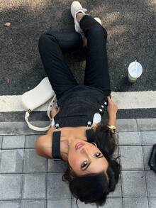 SHEIN PETITE 女士休闲百搭水洗牛仔背带裤 - 黑色 - 查看 8