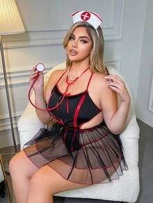 Spicy Aura Plus Size Women Sexy Nurse Cosplay Lingerie Set, 3pcs - Black - View 4