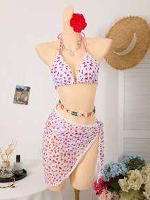 Swim Mod Set de 3 piezas de traje de baño con estampado floral tipo ditsy, bikini y falda pareo para mujer, conjunto sexy y estilizador para vacaciones en la playa o aguas termales - Multicolor - Ver 7