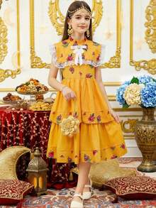 SHEIN Robe ample en tissu tressé à manches bouffantes avec nœud papillon, style casual blocs de couleurs pour préadolescentes. Robe mini simple et décontractée en couleur unie, idéale pour le printemps/été. Manches courtes bouffantes avec nœud papillon contrastant au centre. Robe babydoll courte, robes d'été pour femmes - Kaki - Voir 4