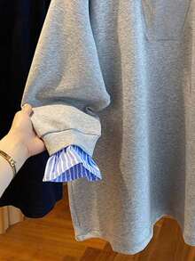 Resyla 女士休闲条纹拼布运动衫 - 淺灰色 - 查看 3