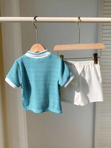 Set 2pcs Baju Bayi Laki-laki/Perempuan Atasan Pullover Lengan Pendek Kerah Polo Warna Kontras dan Celana Pendek Warna Polos dengan Pinggang Elastis - Biru - View 2