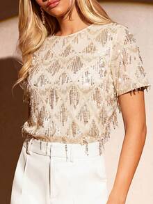 Amorya Women's Round Neck Sequin Patchwork Fashionable Versatile Commuting Short Sleeve Blouse - Apricot - View 7