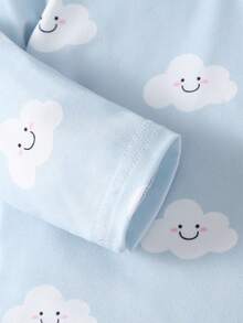 2pcs Newborn Long Sleeve Cardigan & Footed Pants Set, Cute Cloud Print Knit Fabric Homewear - Baby Blue - View 3