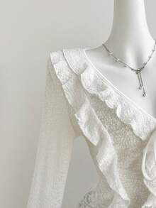 Sweetra 女士性感万圣节服装、感恩节上衣、新年服装，适合春季、秋季、冬季、派对、通勤、日常、旅行、假日穿着，女士性感白色修身V领荷叶边开衫 - 白色 - 查看 8