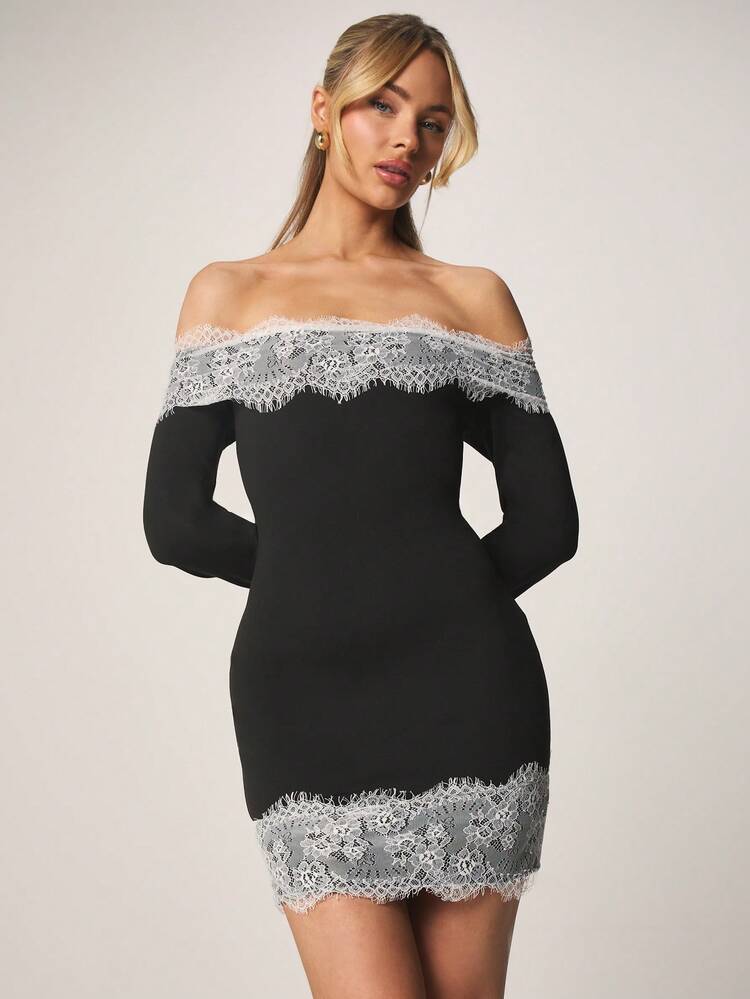 MISSGUIDED Off Shoulder Bardot Mini Dress With Long Sleeves And Contrast Lace Trim Detail For Evening Party Occasions