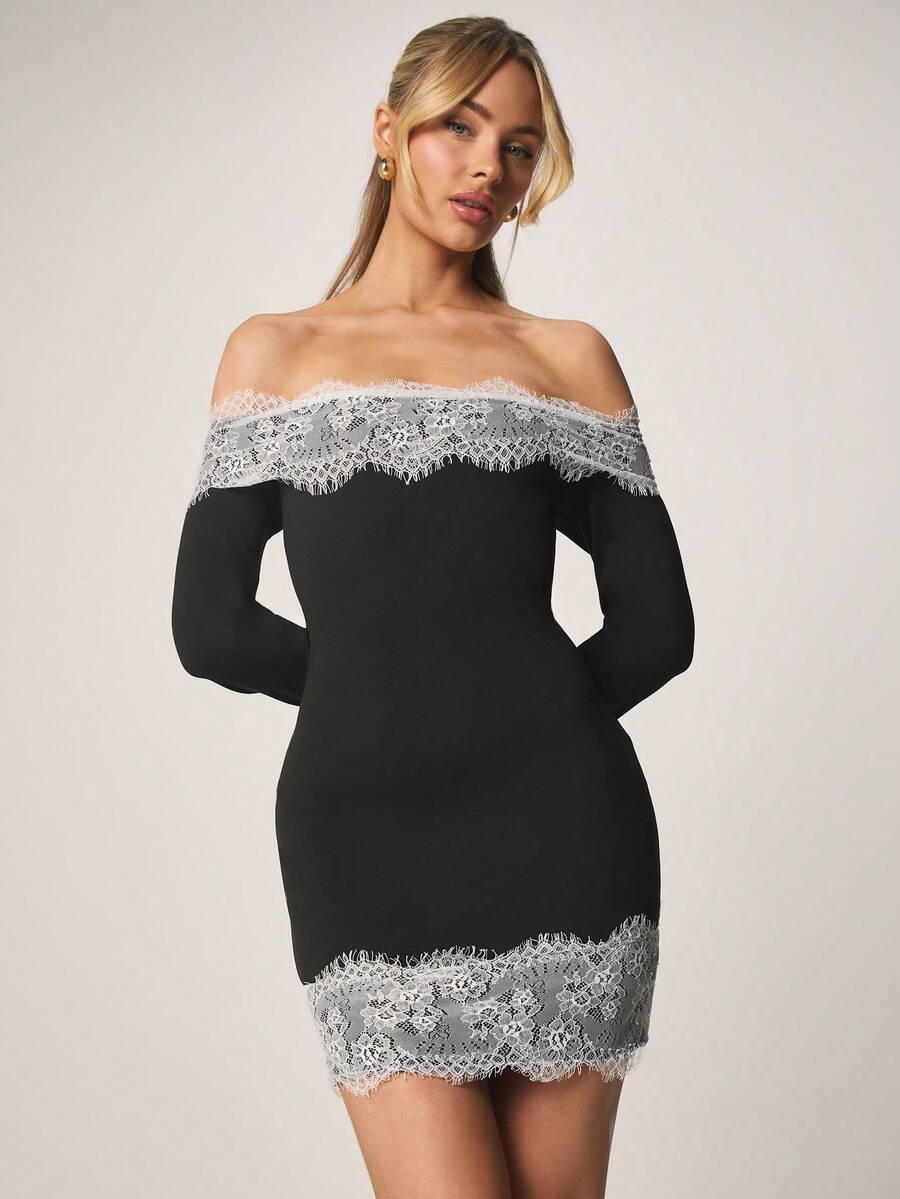 MISSGUIDED Off Shoulder Bardot Mini Dress With Long Sleeves And Contrast Lace Trim Detail For Evening Party Occasions - Black and White - View 1