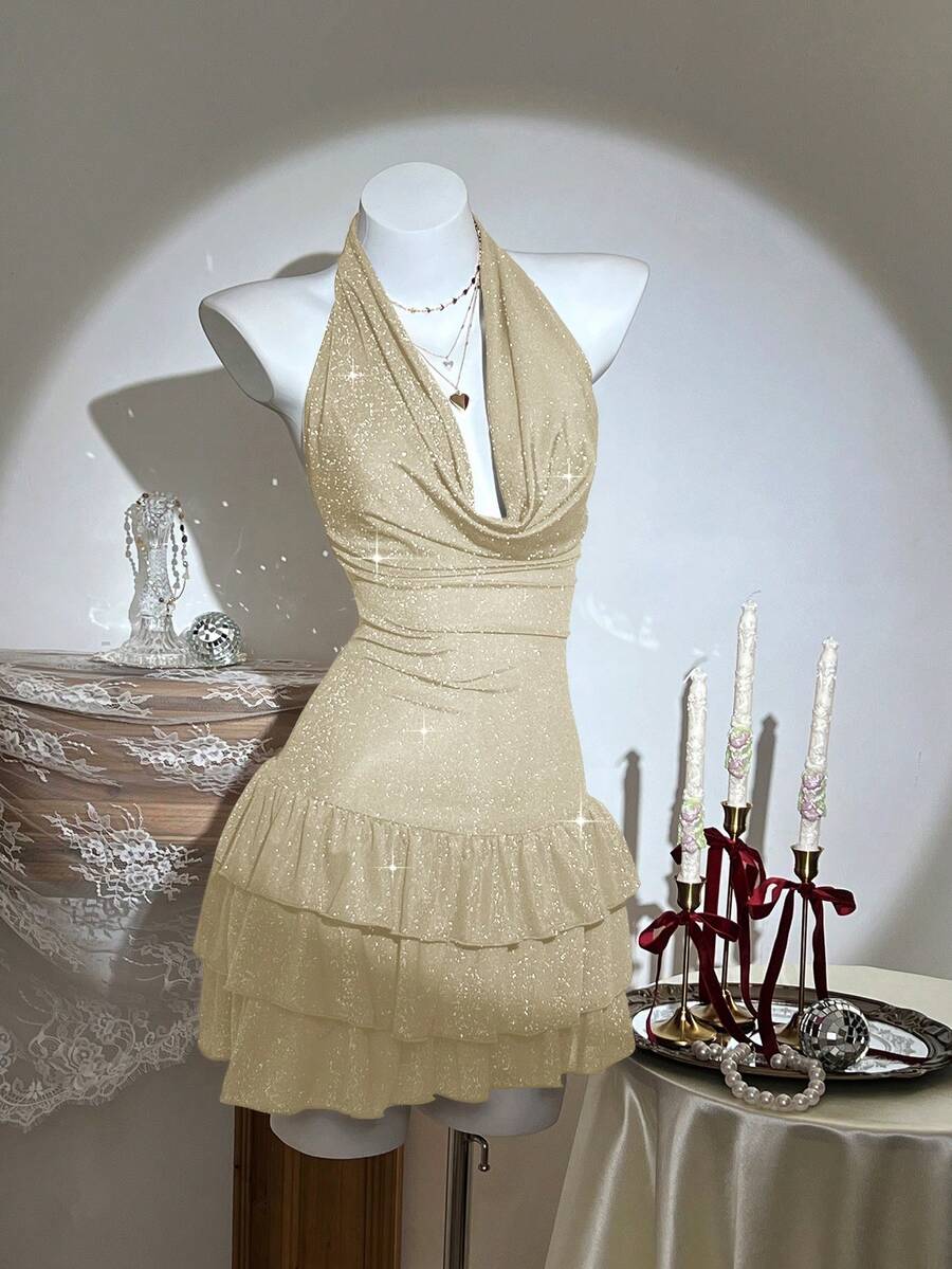 Elamini Solid Color Halter Draped Backless Elegant Party Mini Dress - Apricot - View 1