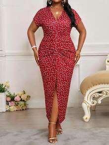 SHEIN Lady Plus Size Women's Polka Dot V-Neck Ruched Slit Design Elegant Waist Cinched Party Dress - Red - View 3