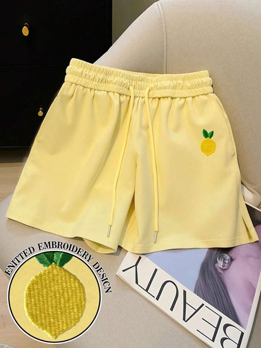 Resyla 女士常规款黄色畅销刺绣柠檬色侧开衩短裤