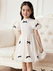 Elladie kids Girls (Small) Tulle Flowing Princess Dress, Puff Sleeve Princess Dress With Bow Decor White Dress With Bow For Girls Girls Puffy Sleeve Dress Girls White Bow Dress - Apricot - View 1