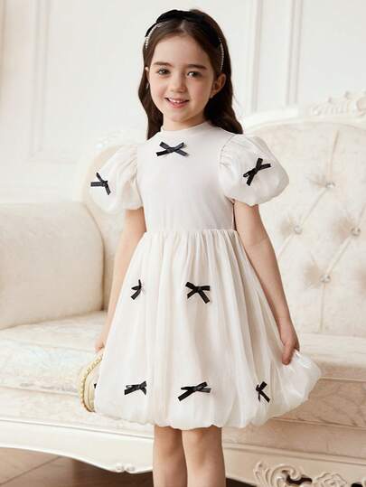 Elladie kids Flickor (liten) tyllklänning med böljande prinsessa, puffärm och rosettdekoration