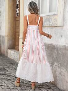 Brillora 女士时尚休闲浪漫度假风彩色条纹吊带连衣裙，蕾丝拼接连衣裙 - 彩色 - 查看 2