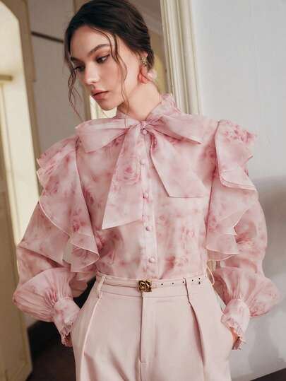 Anewsta New Women's Long Sleeve Pink Rose Ruched Elegant Exquisite Luxurious Bow Blouse Shirt, Spring/Summer Top