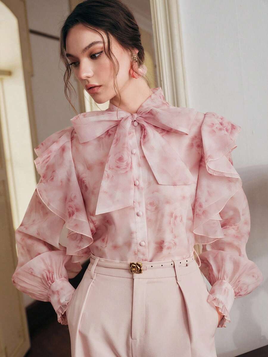 Anewsta 新款女士长袖粉色玫瑰褶皱优雅精致奢华蝴蝶结衬衫，春夏上衣 - 粉色 - 查看 1