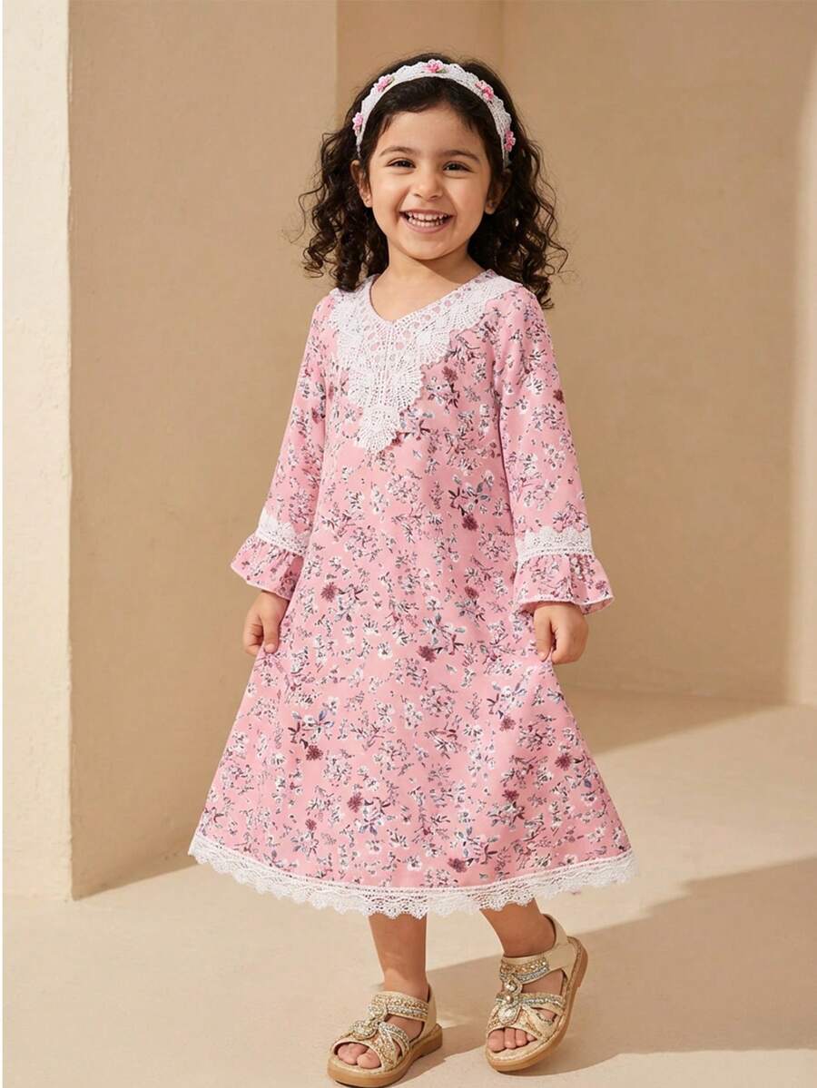 SHEIN Gaun Anak Perempuan Gaya Prancis Klasik dengan Hiasan Renda Bunga, Lengan Panjang, Musim Semi/Panas - Berwarna merah muda - View 1