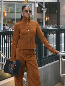 MUSERA High Night Suede Look Fitted Seam Detail Popper Button Through Jacket Cool Girl, Streetstyle, Cute, , , Winter - Brown - View 1