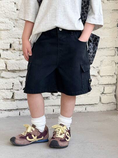 Young Boy New Fashion Urban Street Style Casual Soft Black Denim Loose Fit Cargo Jeans Shorts Bermuda Spring Summer,For Kids Boy Spring/Summer Dailywear,Boys Streetwear,Beach,Vacation For Boys,Casual For Boys,Graphic Shorts,Toddler Shorts,4-Year-Old Shorts,Summer Shorts,Casual Shorts,Cargo Short