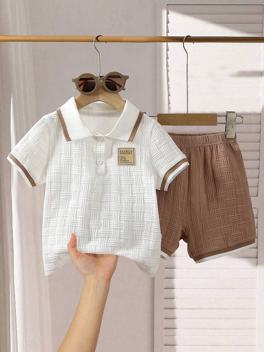 2件套男童纹理Polo衫（带贴布装饰）和短裤套装，休闲春夏装 - 杏色 - 查看 1