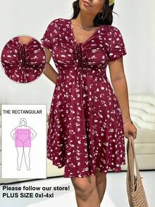 Solflare Plus Size Women Summer Vacation Style Ditsy Floral Drawstring Ruched Tie Waist Dress - Burgundy - View 1