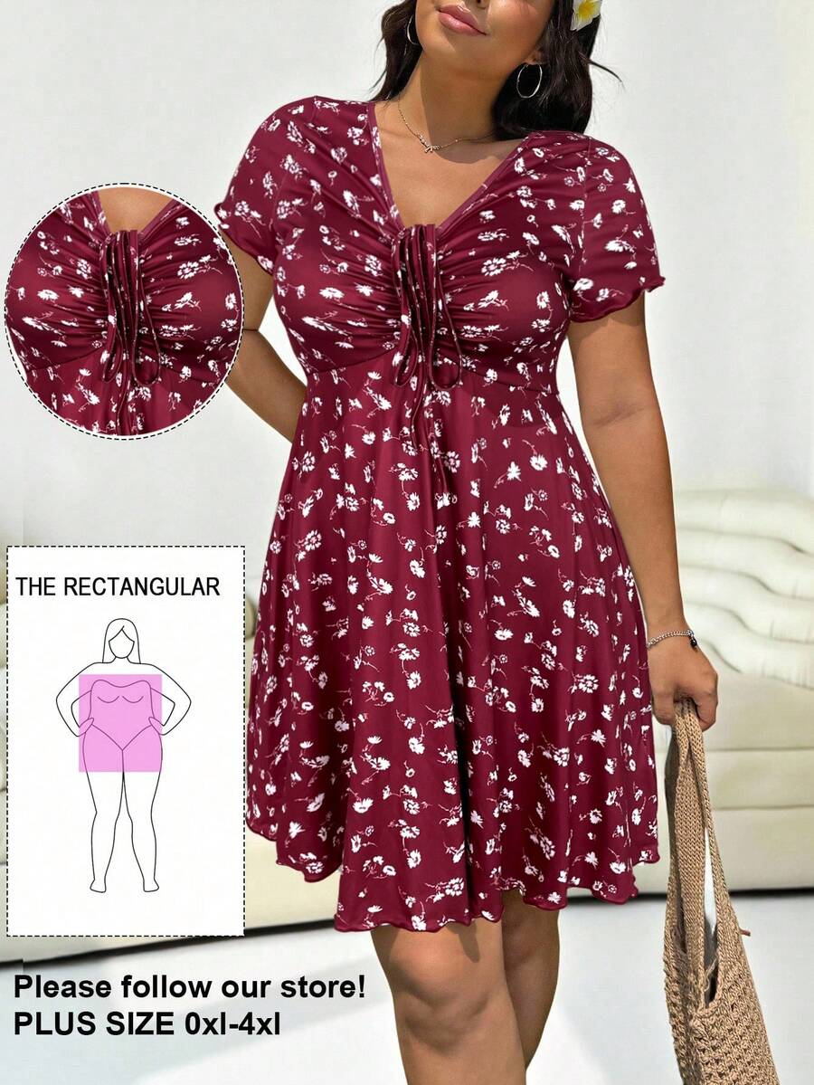 Solflare Plus Size Women Summer Vacation Style Ditsy Floral Drawstring Ruched Tie Waist Dress - Burgundy - View 1