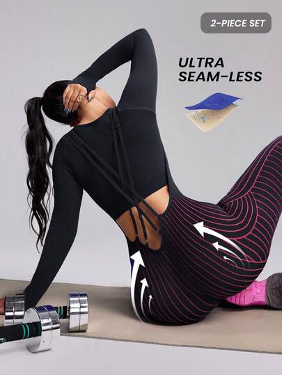 Innovista Women's Solid Color Round Neck Long Sleeve T-Shirt And Striped Bib Pants Cycling SuitSeamless Set Pink Black Red 2PCS Long Sleeve Thumbhole Crop Top + Striped Seamless Jumpsuit, High Stretch, 4-Way Adjustable Crisscross Back Straps, Butt Lift Scrunch Knit | Sculpting Compression For Gym Yoga Pilates | Conjunto Deportivo Sin Costuras Azul/Morado, Orificio Para Pulgar, Tirantes Cruzados Ajustables | Gymtok Pilates Girl Y2k Athleisure