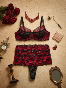 PinupPomp 两件套女士性感内衣套装：撞色睫毛装饰钢圈文胸和高腰内裤 - 黑色 - 查看 1