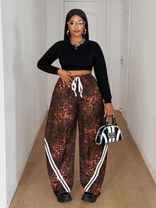 Maweii 大码女式休闲豹纹撞色腰带蝴蝶结直筒香蕉裤，撞色缎带，百搭户外时尚新款长裤 - 彩色 - 查看 4