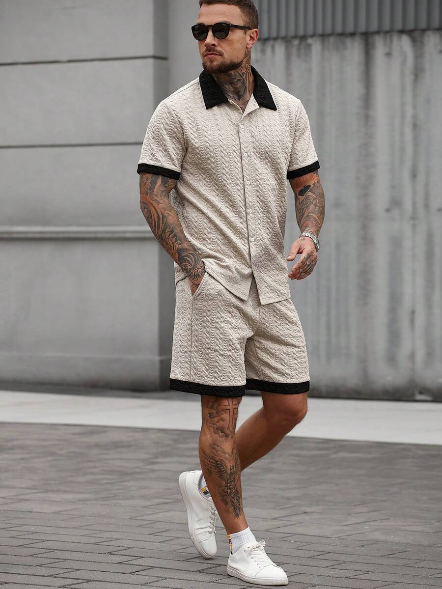 Manfinity CasualCool 男士休闲纹理短袖 Polo 衫和短裤套装,夏季 - 卡其色 - 查看 1