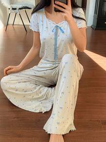 DAZY Sweet Bow Polka Dot & Floral Lace Patchwork Women Pajama Set - Beige - View 5
