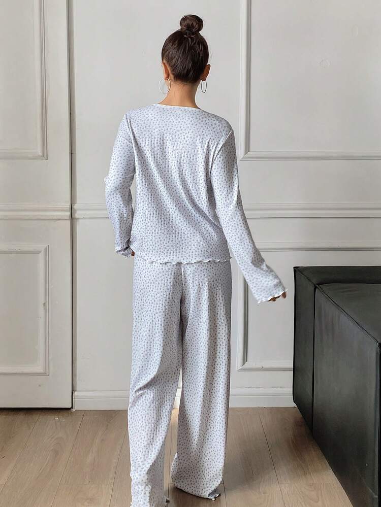 Women's All-Over Print Single-Breasted Long Sleeve Top And Wide Leg Pants Casual Loungewear Set
