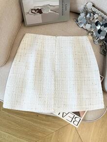GlowEve Shiny Tweed Rhinestone Embellished A-Line Short Skirt For Women - White - View 3