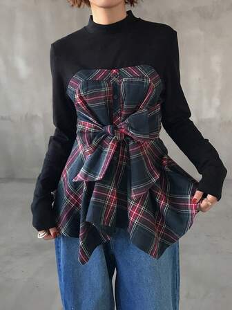 FRIFUL 格子拼接高领长袖腰带收腰显瘦休闲百搭衬衫