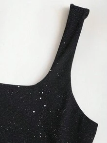 Sweetra Petite Débardeur à col carré avec décoration de sequins argentés brillants, coupe slim et style décontracté. Élégant pour les femmes de petite taille, idéal pour le printemps et l'été - Noir - Voir 3