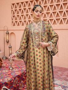 Al Najma Vestido árabe holgado con estampado floral, cuello con muesca y mangas acampanadas de malla, estilo modesto de vacaciones - Amarillo - Ver 8