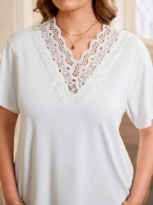 Rosumi Plus Size Women Loose Lace Trim Crew Neck Short Sleeve T-Shirt - White - View 6