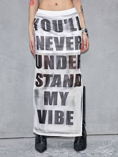 ROMWE Avant Oversized englischer Text Mesh verschwommener Muster Slim Fit Maxirock