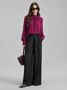 Ontre 2026 Spring/Summer New Coffee Brown Long Sleeve Chiffon Mandarin Collar Blouse, Suitable For Modern Urban Party, Back To School Season, Urban Minimalist Casual Daily Wear, Bohemian Style, Vacation, Festivals, Spring, Valentine's Day Carnival, Women Beach Outfit, Party Elegant - Brown - View 2