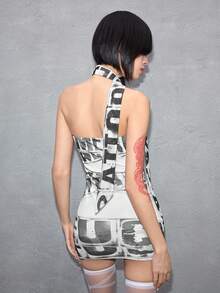 J-Fashion 女士性感Y3K前卫Logo图案透视迷你抹胸连衣裙 - 白色 - 查看 7