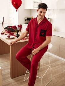 CoupledUp Contrast Color Heart Embroidery Pocket Men's Polo Collar Short Sleeve Pajama Set - Burgundy - View 7